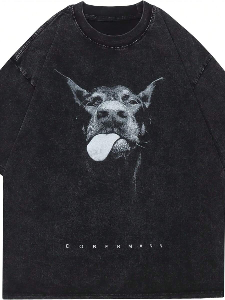 Camiseta para Hombres 1Pcs 220g 100% Algodón Estampado Digital con Imagen de Doberman y Estilo Cool - Negro - Ver 1