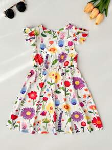 Seven Princess 1 pièce Robe d'été décontractée et confortable pour filles, à imprimé floral, col rond, manches courtes, taille cintrée et coupe évasée