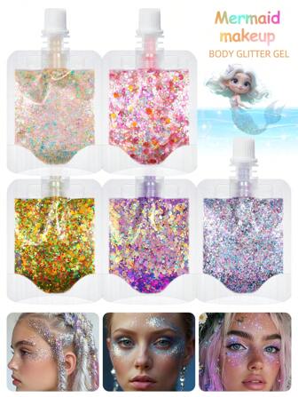 1 件美人鱼闪光化妆品，梦幻美人鱼化妆品，彩虹色闪光凝胶，全息闪光凝胶，适合音乐节、万圣节、派对化妆、礼物、美人鱼公主眼妆，水彩效果
