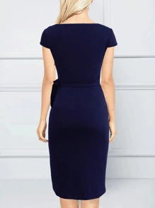 Women's Asymmetric Neckline Ruffle Cap Sleeve Vintage Wrap Dress - Navy Blue - View 4