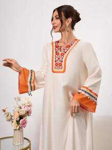 女士复古简约印花对称吊坠长袖连衣裙，日常休闲，端庄 - 彩色 - 查看 5