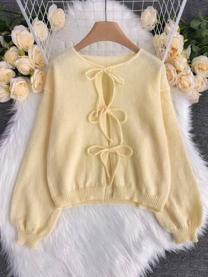 Cárdigan de maternidad en color amarillo mantequilla para usar sobre vestidos de maternidad, adecuado para primavera, otoño y salas de verano con aire acondicionado. Cárdigan de manga larga de un solo color con nudo y apertura frontal, estilo minimalista, para oficina, estilo vintage y francés. Cárdigan de punto de un solo color que se puede usar sobre blusas, talla extra grande y adorable con apertura frontal.