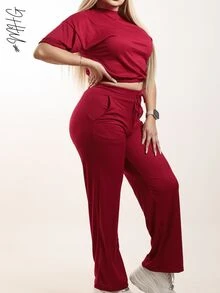 Camiseta de cuello redondo y mangas estilo murciélago y pantalones con cordón en la cintura - Caoba / Gris - Ver 3