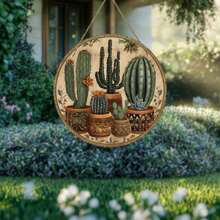 1pc Retro Desert Cactus Sunset Theme Round Wooden Sign, Nostalgic Home Kitchen Garden Club Garage Office Wall Decor, Ideal Holiday Gift, 7.87 X 7.87 Inches