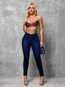 IDYLLIC Jeans para Mujer Pantalones de Mezclilla Cargo, Pantalones de mezclilla de cintura alta y ajustados para mujer Perfecto para un Look Casual Urbano - Azul Marino - Ver 6