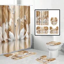 1/4pcs Elegant Swan Print Waterproof Shower Curtain Set With 12 Hooks, Floral And Golden Decorative Elements, Bathroom Decor Curtain With Toilet Cover, U-Shape Mat, Modern Home Bath Accessory, Machine Washable