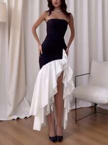 Vestido de fiesta con dobladillo asimétrico de doble capa, parche de color contrastante, plisado en el dobladillo y sin tirantes para boda, fiesta, vacaciones, regreso a clases, baile de graduación