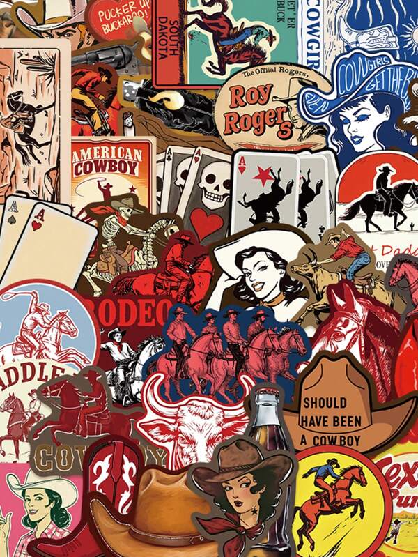 50pcs The Great Western Cowboy Stickers PVC Gift Cartoon Decoration Scrapbook Laptop Luggage Guitar Water Cup Phone Case DIY Decal,School Supplies,Back To School