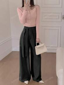 Korean Style Striped Belt With Waist Tie, Versatile Wide Leg Casual Suit Pants, Spring/Summer