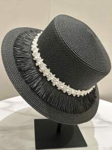 1pc Women Straw Weave Hat, Casual Cute Elegant Tasseled Pearl Flat Top Straw Hat For Summer, British Style Beach Sun Hat Suitable For Outdoors, Travel And Leisure Use - MZ2791 - View 12