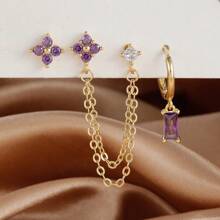 Set de 3 piezas de aretes con baño de oro de 18K y piedras preciosas decorativas, con cierre cartílago y múltiples perforaciones, joyería de regalo para mujeres y niñas - E1569b-Juego de 3 pendientes - Ver 12