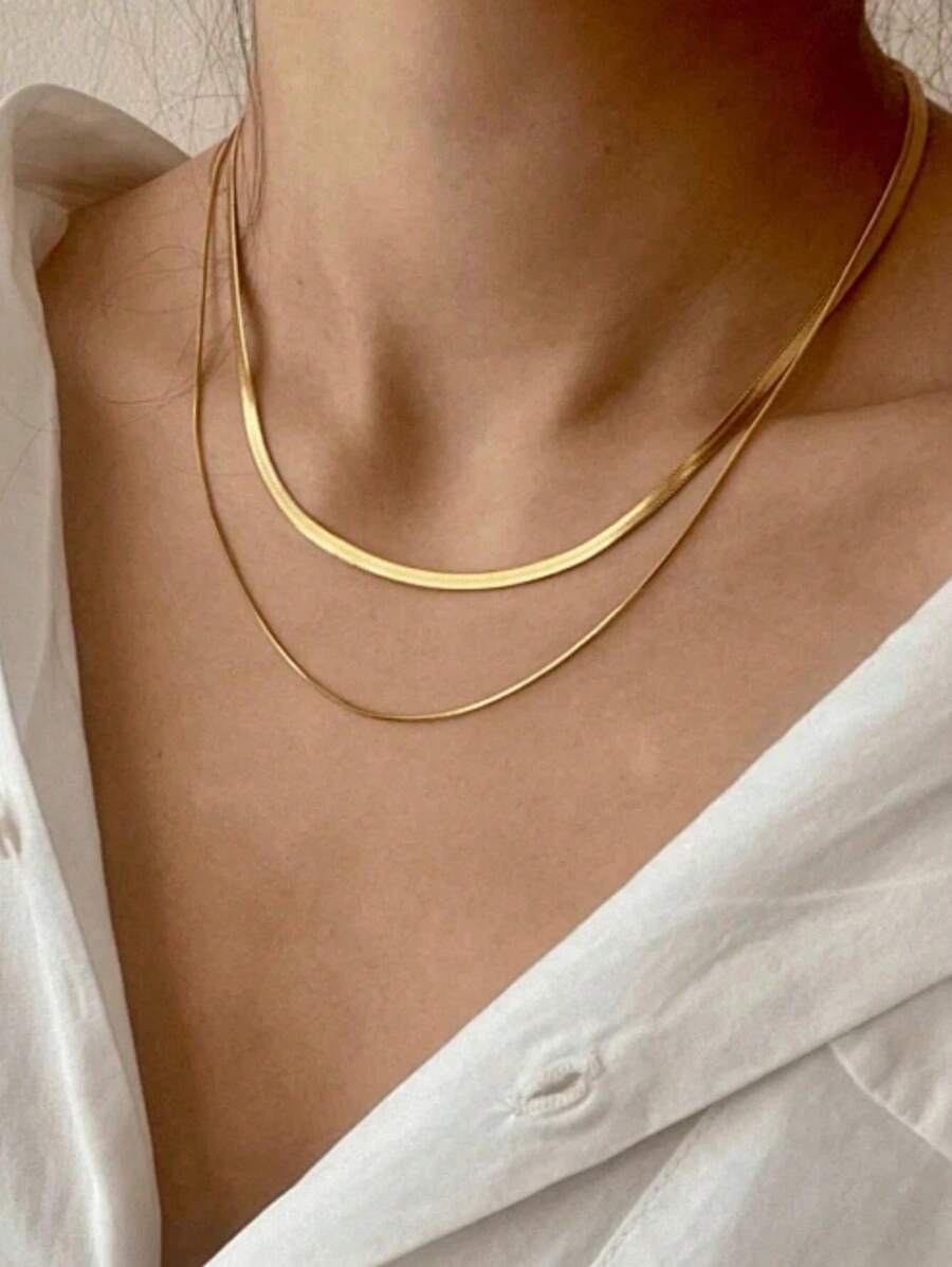 1pc Vintage Snake Bone Chain Necklace, Flat Chain, Fashion Personalized Multi-Layer Women Clavicle Necklace - Yellow Gold - View 1