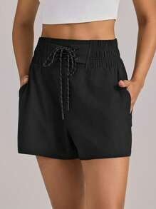 VUTRU 1Pc Elastic High-Waist Tennis Shorts Flowy Lightweight Yoga Studio Gym Daily - Black - View 3