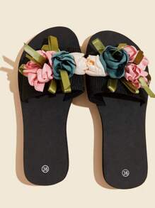 New Design Flower Decor Slide Sandals For Women, Summer Strap Chunky Heel Fashion Outdoor Slippers, Non-Slip Beach Vacation Sandals, House Slippers