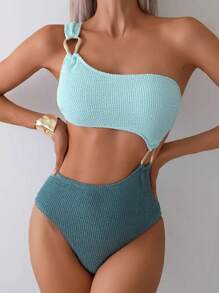 Nowy europejski i amerykański damski, elegancki, jednoczęściowy kostium kąpielowy z dzianiny na jedno ramię, wykonany z włókna poliestrowego i włókna elastycznego, o wysokiej elastyczności, w jednolitym kolorze, seksowny, jednoczęściowy kostium kąpielowy z wydrążonymi detalami.