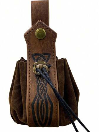 皮革抽绳袋北欧压花腰包复古文艺复兴腰包皮革抽绳零钱包中世纪腰带配饰男女万圣节