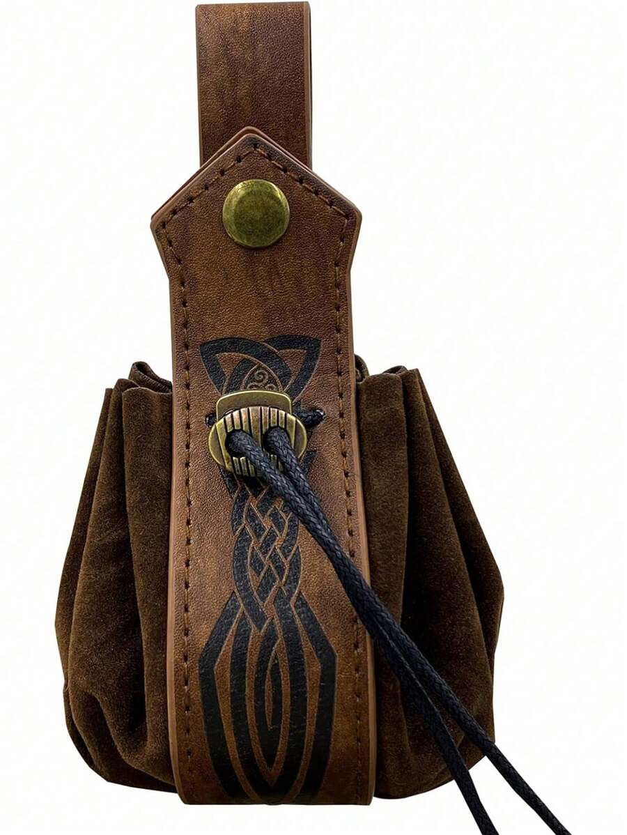 Leather Drawstring Pouch Nordic Embossed Belt Bag Vintage Renaissance Waist Bag Leather Drawstring Change Purse Medieval Belt Accessories For Men Women Halloween - A - View 1