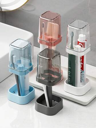 Conjunto de soporte para cepillos de dientes de pareja, estante minimalista con vaso para enjuague, cubierta antipolvo, organizador de baño para cepillos de dientes y pasta dental, fácil de limpiar y con drenaje, ideal para guardar cepillos de dientes en casa, dormitorios y escuelas