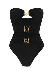Costume da bagno intero sexy di stile europeo e americano, di colore unito, con scollo alla halter e lavorazione a giorno, per donne