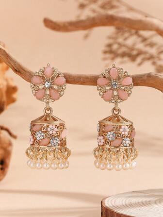 1 par eleganta Jhumka örhängen, mode kristallblomma Bell Pearl Tofs runda cylindriga örhängen, Bollywood stil smycken Tillbehör Lämpliga för kvinnors dagstidning, festival, bröllop och festkläder/smycken present