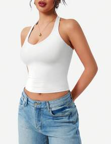 VOYJOY Aherin Women Sexy Halter Tank Tops Slim Fit Cami Not Padded Open Back Sleeveless Y2K Going Out Crop Top - 白色 - 查看 3