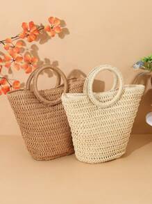 2pcs Spring/Summer Fashion New Straw Handbag & Handmade Bucket Hat Set - Multicolor - View 5
