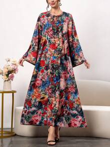 Women's Vintage Floral Print Maxi Dress - Long Sleeve Tie-Neck Boho Dress, Spring Summer Casual Loose Fit Layered Dress,Elegant Long Sleeve Robe,Summer Dresses,Dresses Classy Elegant