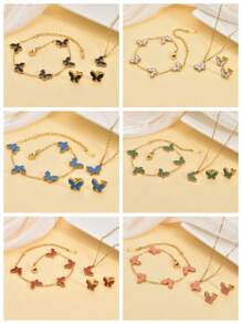 4PCS Stainless Steel Double-Sided Butterfly Necklace Bracelet Earrings Set, Elegant Style, 18K Gold Plated Accessories, Women's Jewelry Set, Multiple Colors.