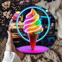 1pc, 8"X8", Vibrant Rainbow Ice Cream Neon Sign Metal Wall Decor, Rust-Proof & Waterproof - Ideal For Home, Bar, Cafe, Garden Indoor/Outdoor Decoration - Perfect Gift For Art Lover, Suitable For Room Decor, Random Hole Style