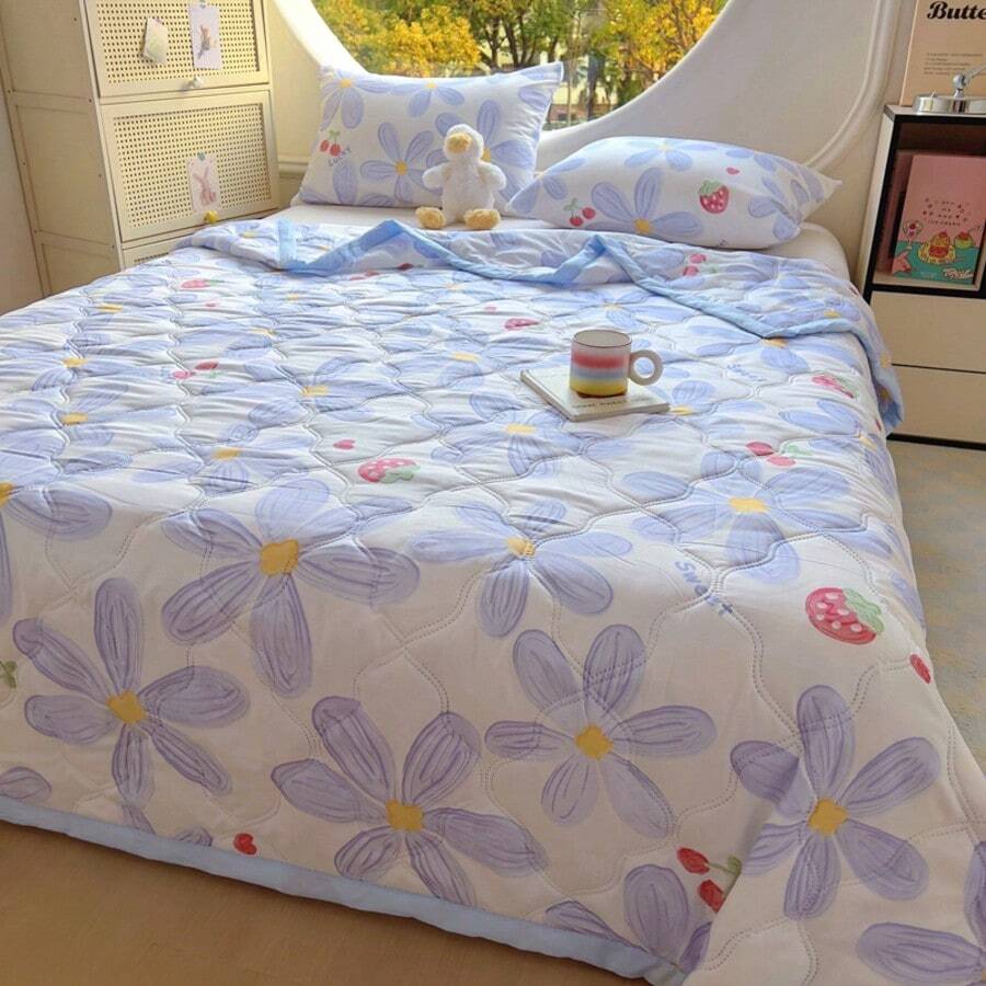 1 件蓝色花卉夏季被子/毯子，浪漫舒适，适合家居装饰、客房、野餐和户外使用 - 藍色 - 查看 1