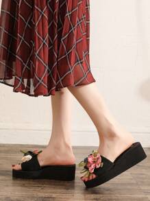 New Design Flower Decor Slide Sandals For Women, Summer Strap Chunky Heel Fashion Outdoor Slippers, Non-Slip Beach Vacation Sandals, House Slippers