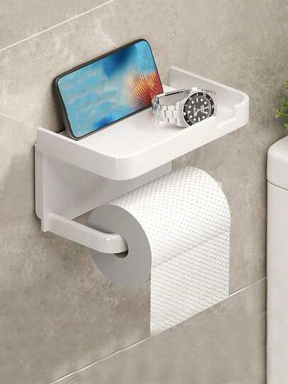 1pc Wall-Mounted Plastic Tissue Holder, Dual-Purpose No-Drill Tissue Holder, Suitable For Bathroom And Toilet, Convenient Storage, Product With Adhesive, Note: Product With Adhesive