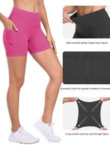 5pcs/Set Plus Size Women's High Waist Elastic Waisted Skinny Shorts, Compression, Pocketed Yoga Running Workout Shorts, Spring/Summer