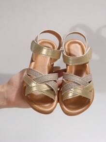 1 Pair Toddler/Little Girls Glitter Strap Round Toe Hook & Loop Soft Bottom PU Fashionable Cute Luxury Wear-Resistant Anti-Slip Children Sandals, Suitable For 3-15 Years Old Boys/Girls, Home, Party, Campus, Indoor/Outdoor, Beach, 2025 Spring/Summer New Arrival - Gold - View 10