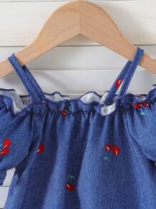 Baby Girls' Cherry Print Puff Sleeve Casual Dress - Blue - View 5