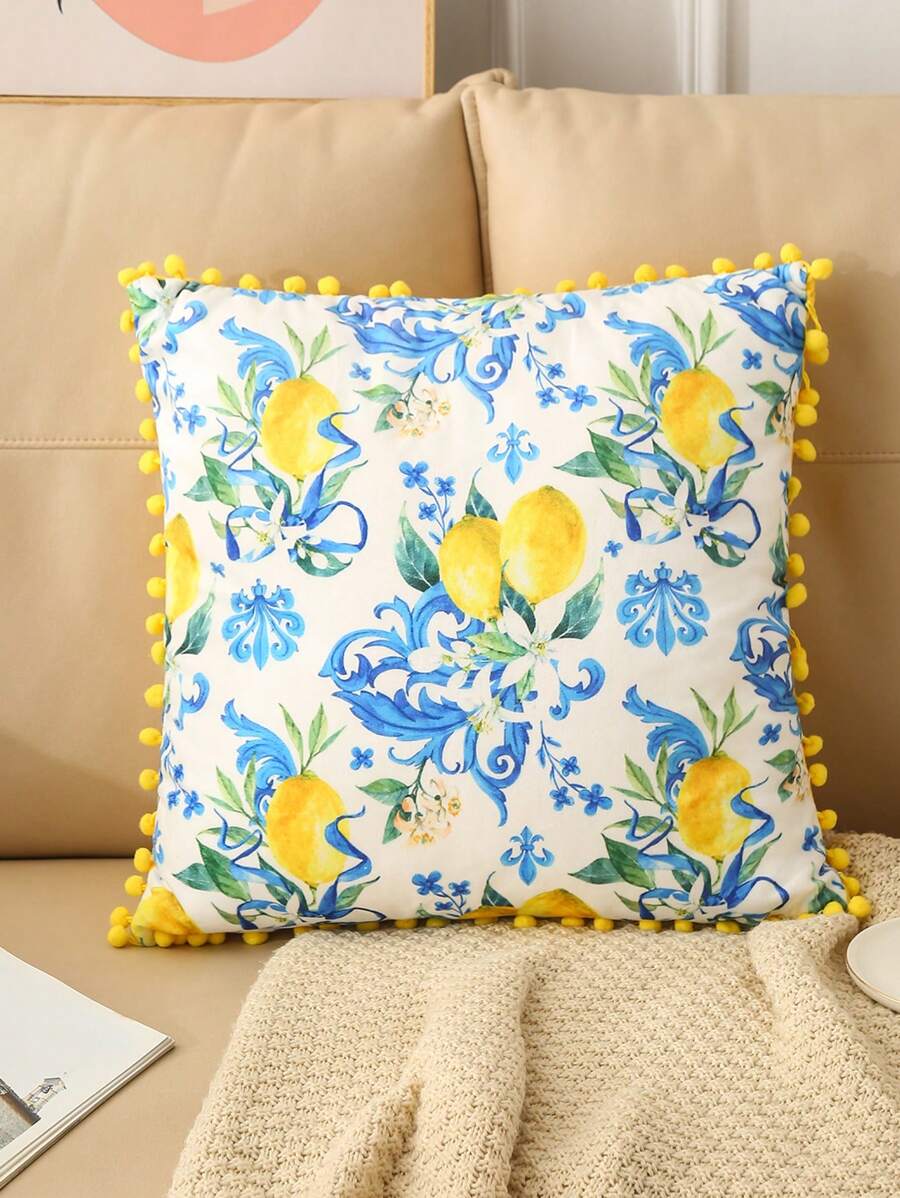 1 件柠檬印花装饰枕套带流苏，柔软毛绒弹簧垫套，单面印花，适用于客厅沙发、卧室床上用品、户外 - 黃色 - 查看 1