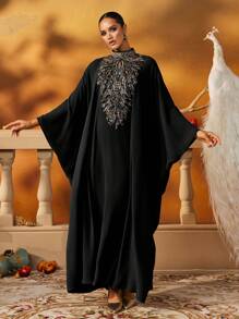 AmazingHoney 奢华绿色串珠刺绣长款卡夫坦，搭配优雅的蝙蝠袖，Abaya Kaftan 端庄连衣裙，阿拉伯女式连衣裙（超大尺码 - 请查看尺码表） - 黑色 - 查看 6
