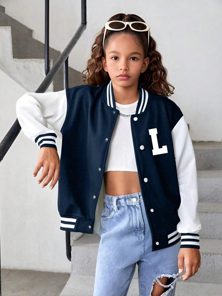 1pc Casual Vintage Solid Color Fleece Jacket With L Letter Decor For Teen Girls & Girls, Suitable For Spring, Autumn, Winter - Navy Blue - View 1