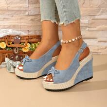 Women's Bow Decor Woven Platform Thick Sole Sandals, Fashion College Style Criss-Cross Strap Open Toe Ankle Strap High Heel Sandals, Waterproof Platform Thick Sole High Heel Women's Shoes Size 35-42 (Shoes Run Half Size Larger) - Green - View 4