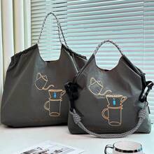 Women's Shoulder Bag, Stylish And Elegant, Nylon Bag, Embroidered Coffee Pot Pattern, Cloth Bag, Large Capacity, Lightweight, Foldable Storage, Crossbody Bag, Handbag, Commute, Travel, School, Leisure, Fashion Street Photo, Holiday Gift Large Capacity Tote