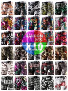 10 件套男士长款涂鸦印花平角内裤，轻便，图案随机，2025 年新款 - 黑色 - 查看 1