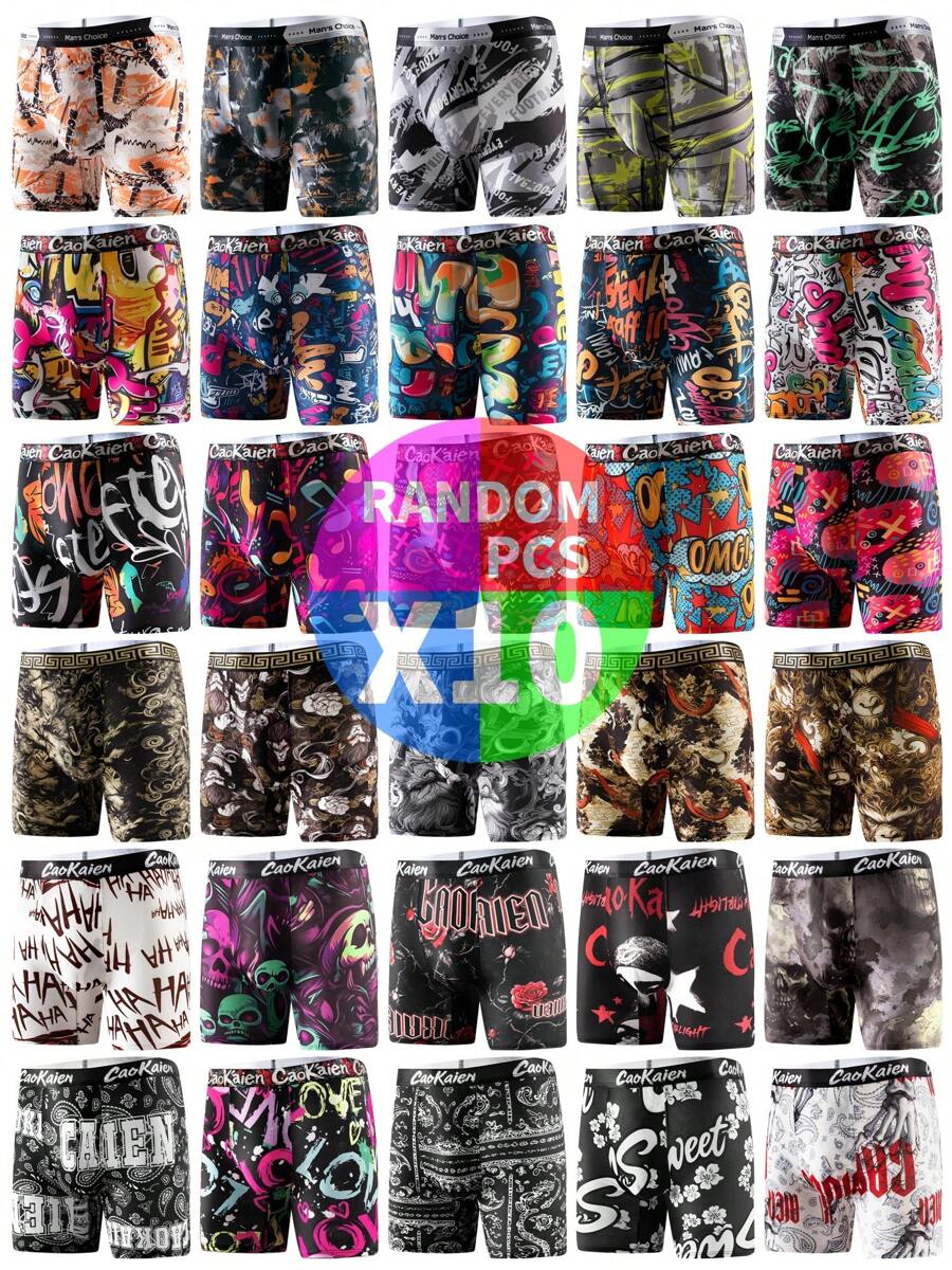 10 件套男士长款涂鸦印花平角内裤，轻便，图案随机，2025 年新款 - 黑色 - 查看 1