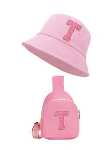 2 件字母儿童渔夫帽，时尚简约遮阳帽，配有单肩斜挎包，适合男孩和女孩日常外出。 - 粉紅色 - 查看 8