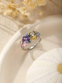 Elegant European & American Fashion Multicolor Zirconia S925 Sterling Silver Ring, Luxurious Personalized Wedding Engagement Anniversary Gift