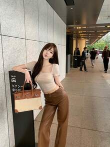 时尚别致修身加垫圆领长袖打底 T 恤 - 杏 - 查看 3