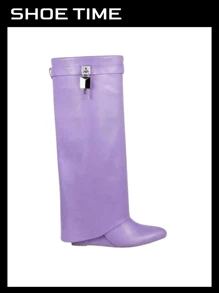Padlock Detail Fold Over Wedge Knee High Boots - Violet Purple - View 1