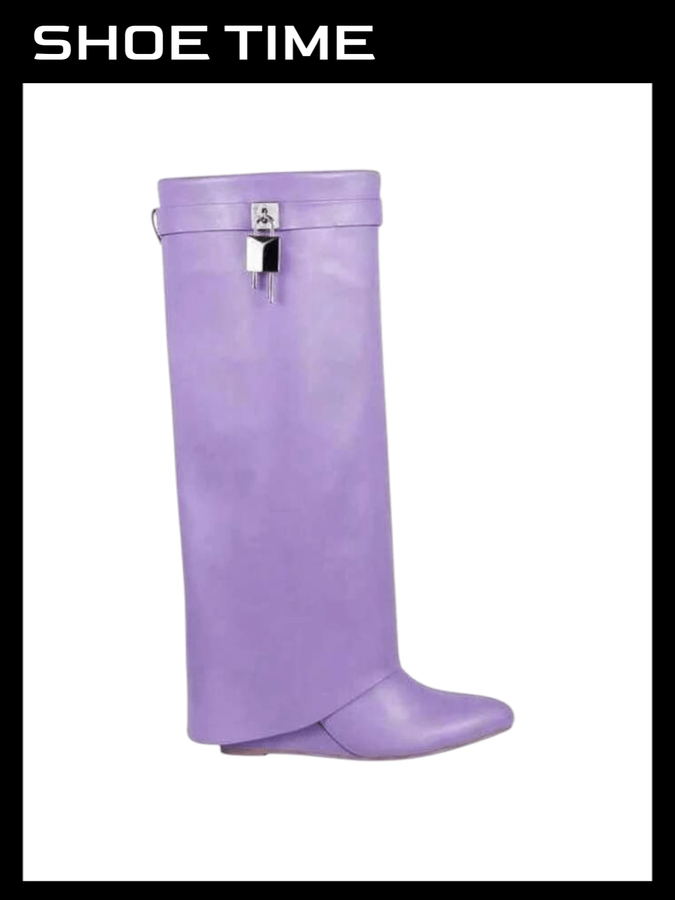 Padlock Detail Fold Over Wedge Knee High Boots - Violet Purple - View 1