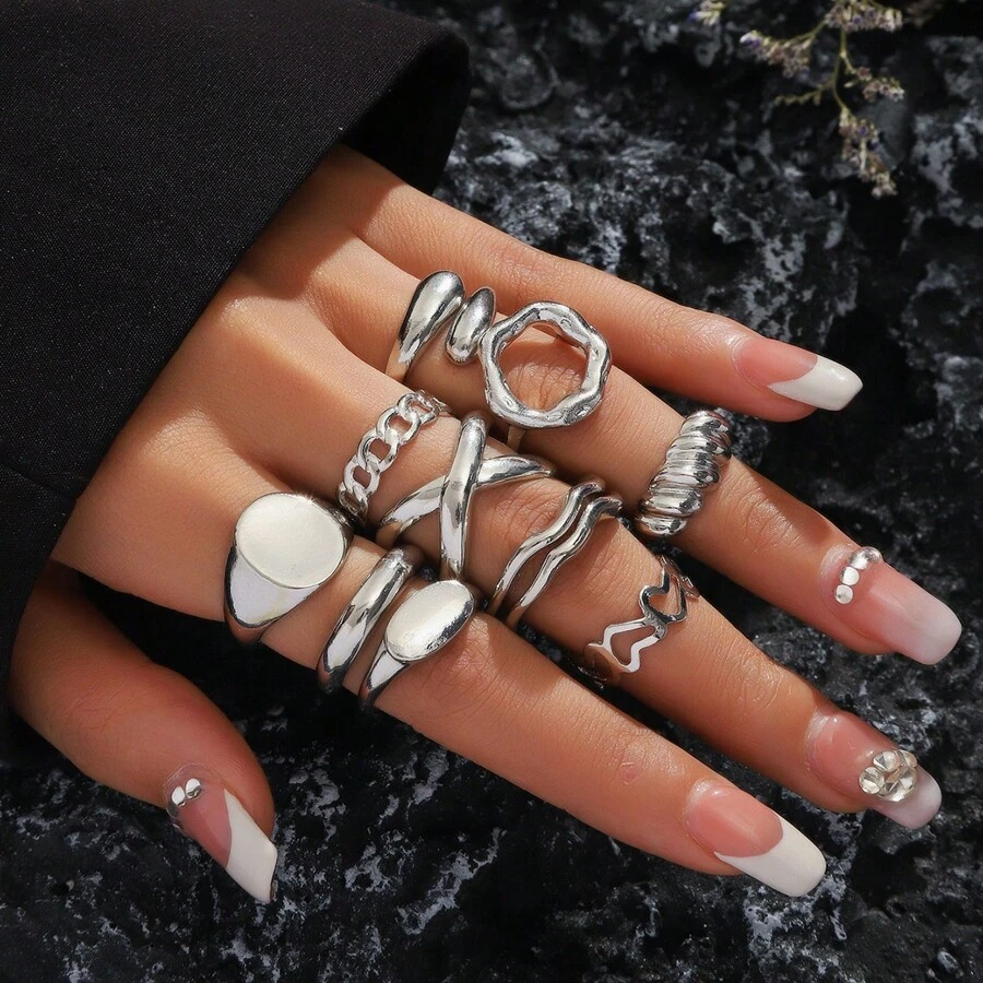 10pcs/Set Wave Circle Ring Design Unique Cross Wrap Plain Ring Set, Suitable For Women Dating, Gathering, Party Wearing - Silver - View 1