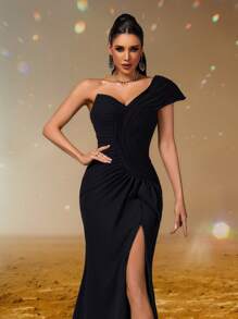 Smilprince Elegante vestido de noche con corte asimétrico en el cuello, ceñido al Body y abertura alta, vestido de fiesta formal con pliegues asimétricos, vestido de graduación para mujeres, vestido de noche formal, vestido de fiesta, vestido para invitada de boda - Negro - Ver 9