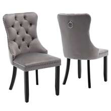 Luxury Velvet Dining Chairs,Modern Set Of 2 Upholstered Velvet Dining Chairs, Button Tufted Kitchen Lounge Chairs With Solid Wood Legs, Riveted Trim And Knocker Ring, For Dining Room Living Room,Office,Grey - Grey - View 5